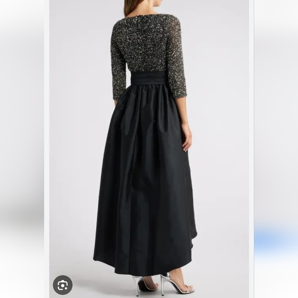 NEW Pisarro Nights Black Taffeta Glitter Bodice Long Sleeve Gown Flawed Wedding